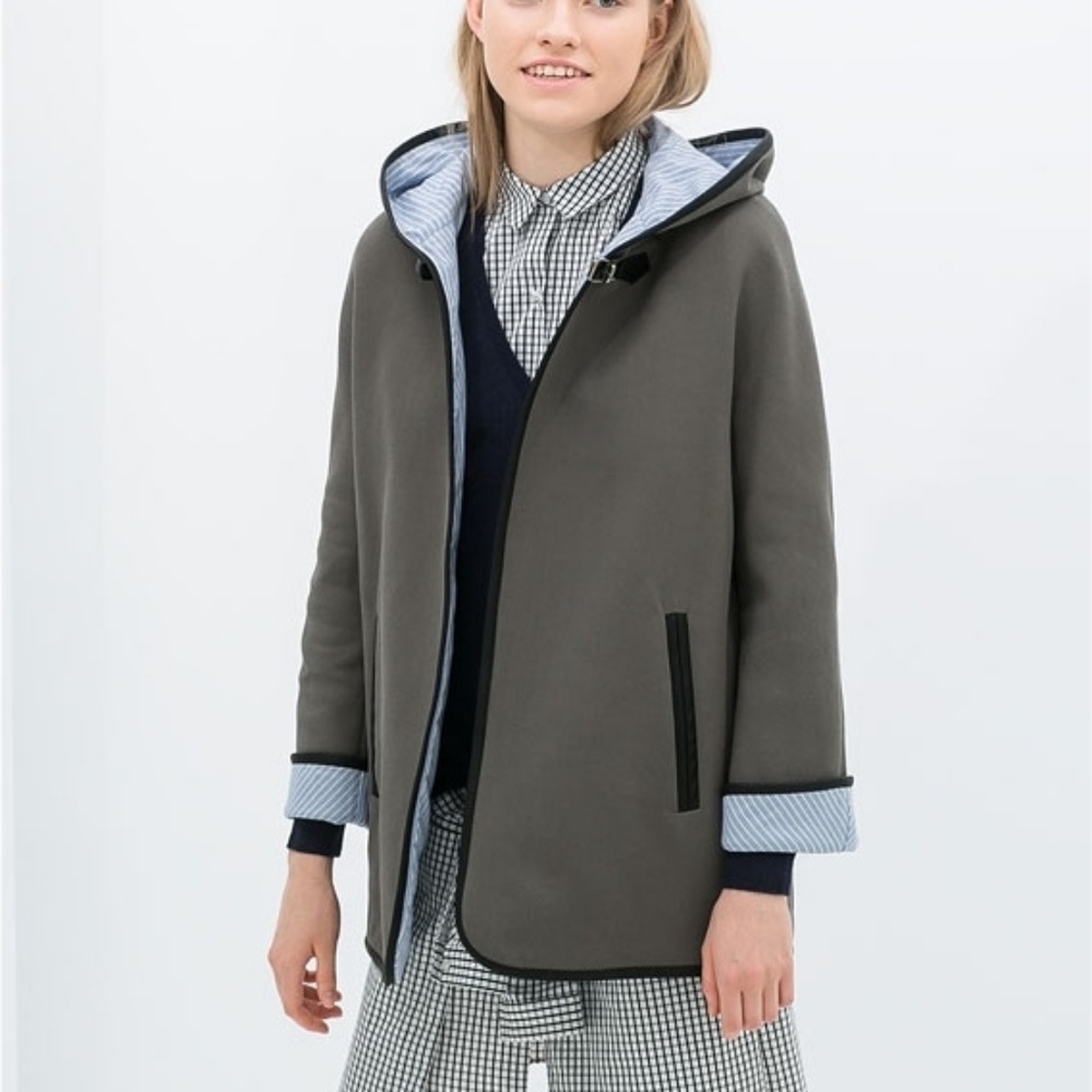 ZARA Size Small Hooded Cape Buckle Long Sleeve Jacket Lined Leather Trim Green S